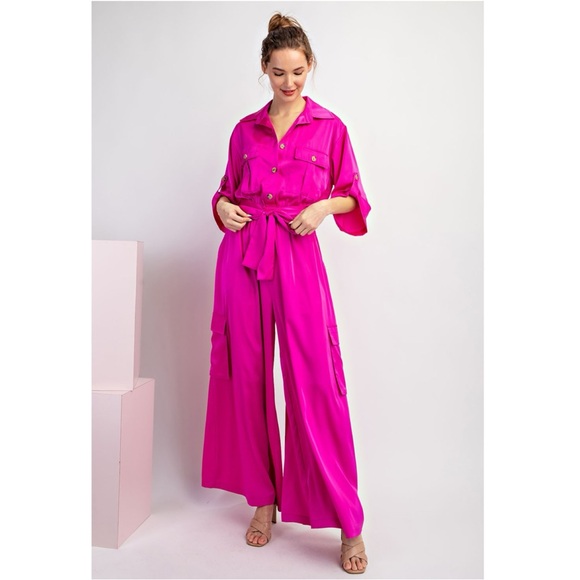 200 • Fuchsia Pink Satin Palazzo Jumpsuit - Picture 2 of 10